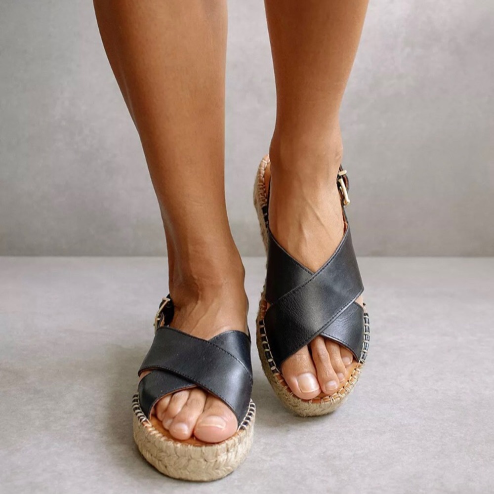 ALOHAS Black Leather Crossed Platform Espadrille Sandals, size 6.5
